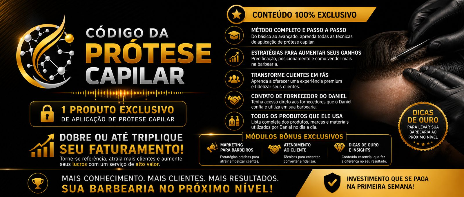 Código da Prótese Capilar — Conteúdo 100% exclusivo, método completo, estratégias para aumentar ganhos e módulos bônus